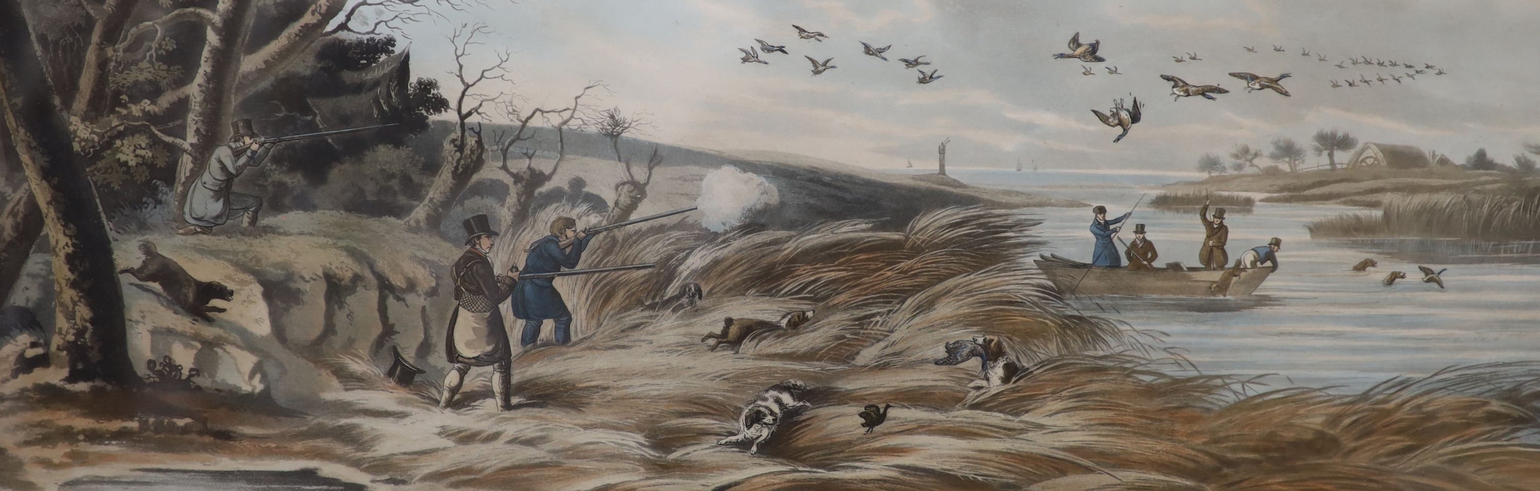 Ackermann publ., a set of four colour aquatints, Shooting scenes, 27 x 71cm